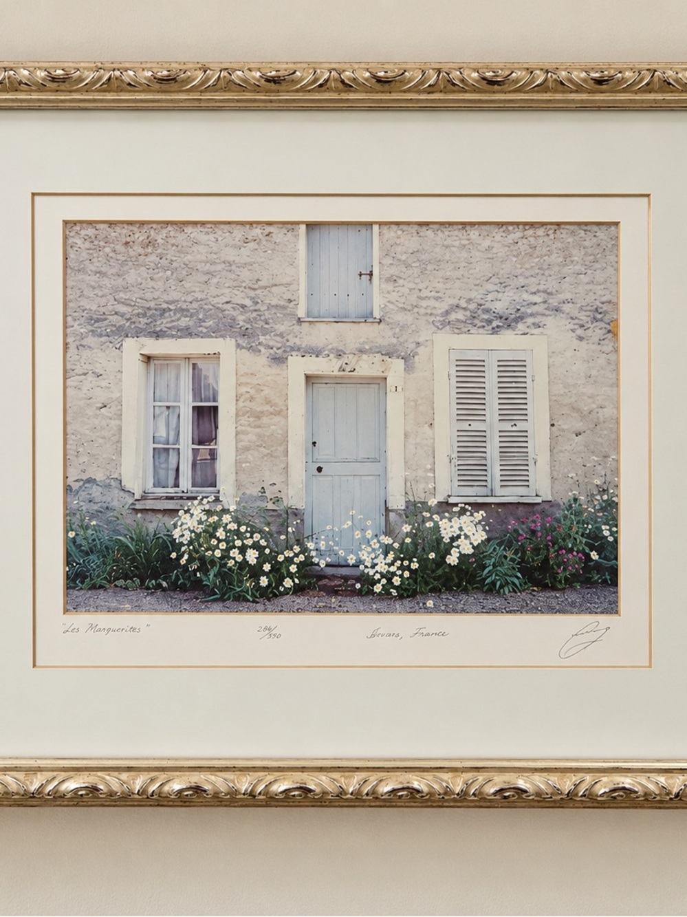 “Les Marguerites” French Cottage Door Wall Art Signed Print Cream & Light Blue